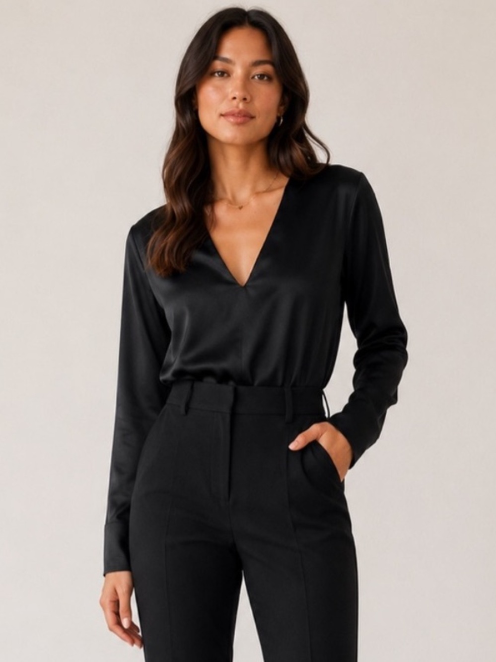 NWT H&M Satin Bodysuit Black Long Sleeve V-Neck XXL